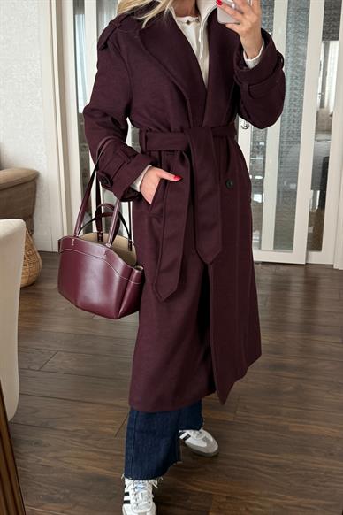Bordo Kuşaklı Kaşe Kaban