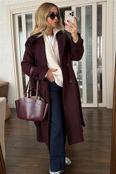 Bordo Kuşaklı Kaşe Kaban