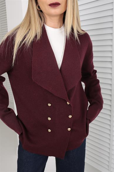 Bordo Şal Yaka Gold Düğmeli Hırka