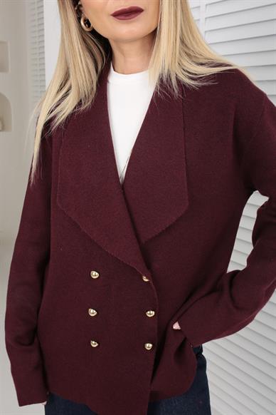 Bordo Şal Yaka Gold Düğmeli Hırka