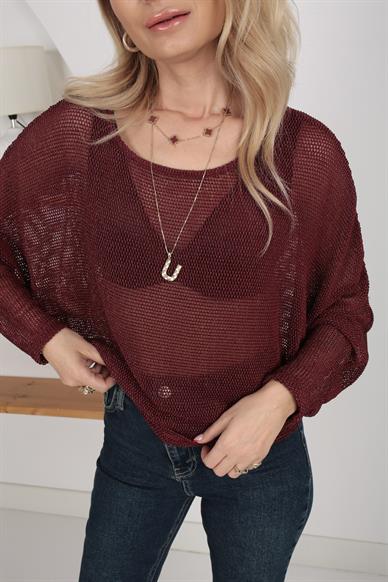 Bordo Simli File Bluz