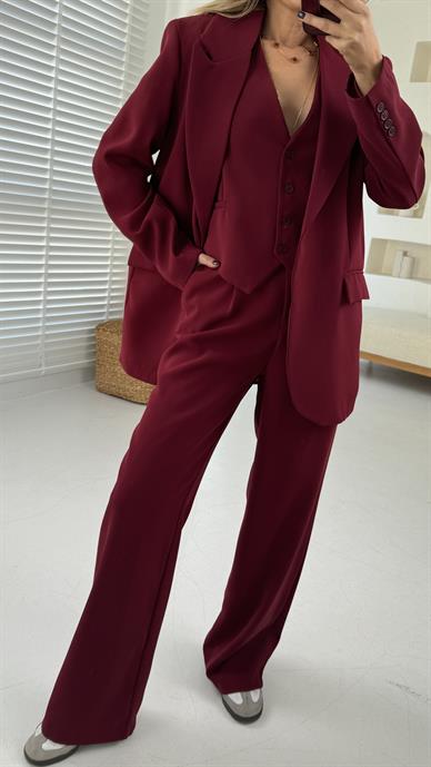 Bordo Yelekli Tek Düğme Takım