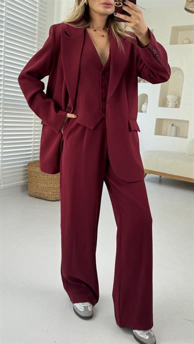 Bordo Yelekli Tek Düğme Takım