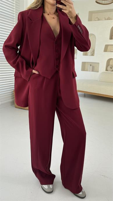 Bordo Yelekli Tek Düğme Takım