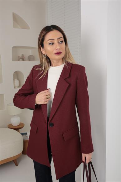 Bordo Yün Efektli Tek Düğme Blazre Ceket