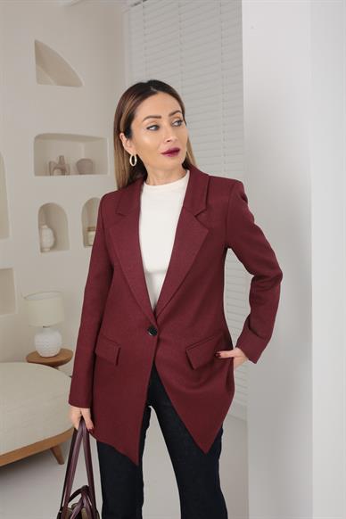 Bordo Yün Efektli Tek Düğme Blazre Ceket