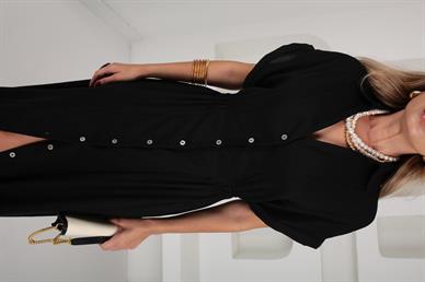 Boydan Düğmeli Beli Lastikli Siyah Keten Elbise