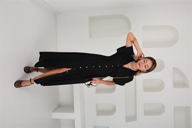 Boydan Düğmeli Beli Lastikli Siyah Keten Elbise