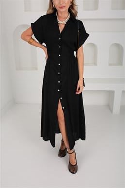 Boydan Düğmeli Beli Lastikli Siyah Keten Elbise