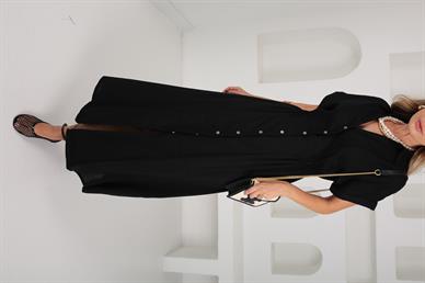 Boydan Düğmeli Beli Lastikli Siyah Keten Elbise