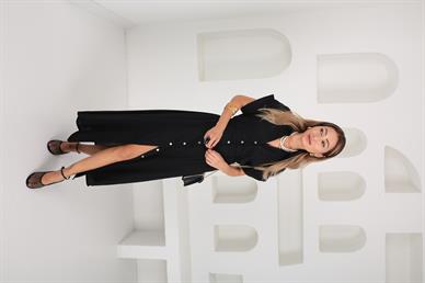 Boydan Düğmeli Beli Lastikli Siyah Keten Elbise