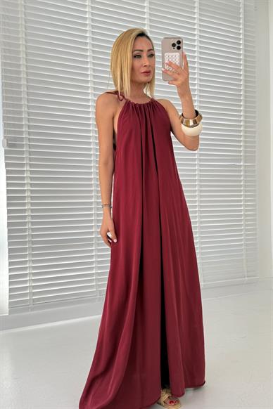 Boyundan Bağlamalı Bordo Uzun Elbise