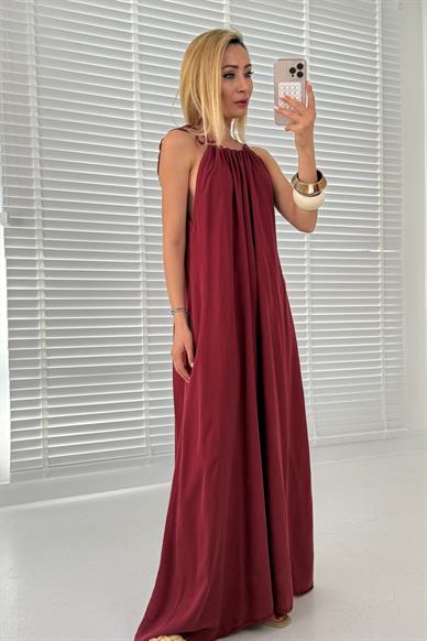 Boyundan Bağlamalı Bordo Uzun Elbise