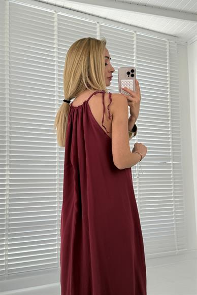 Boyundan Bağlamalı Bordo Uzun Elbise