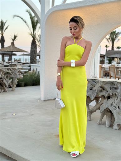 Boyundan Bağlamalı Sarı Saten Elbise