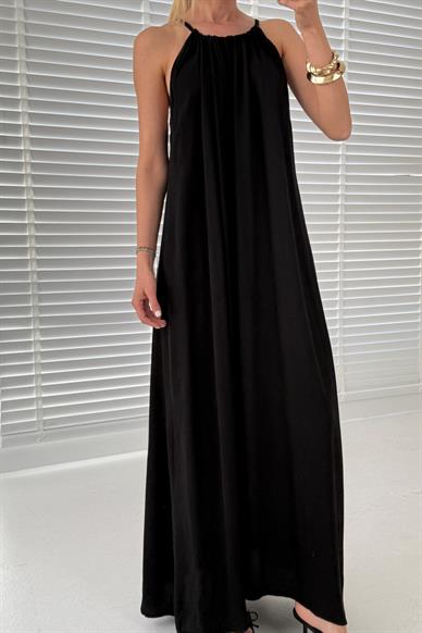 Boyundan Bağlamalı Siyah Uzun Elbise