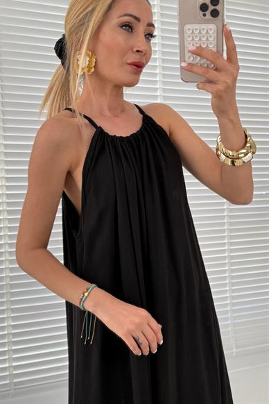 Boyundan Bağlamalı Siyah Uzun Elbise