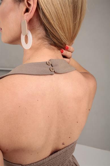 Boyundan Bağlı Astarlı Vizon Keten Elbise