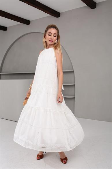 Boyundan Bağlı Organze Nakışlı İthal Elbise