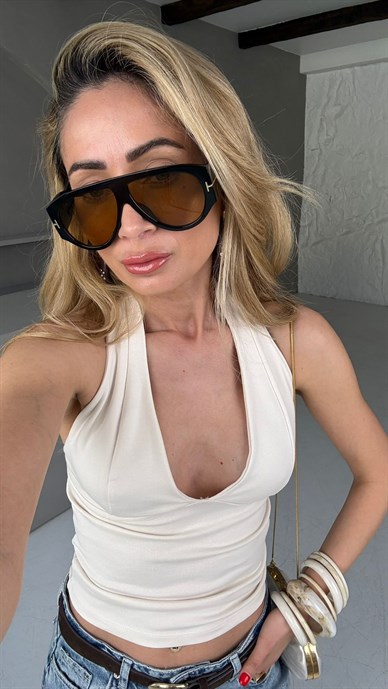 Boyundan Geçmeli Taş Penye Bluz