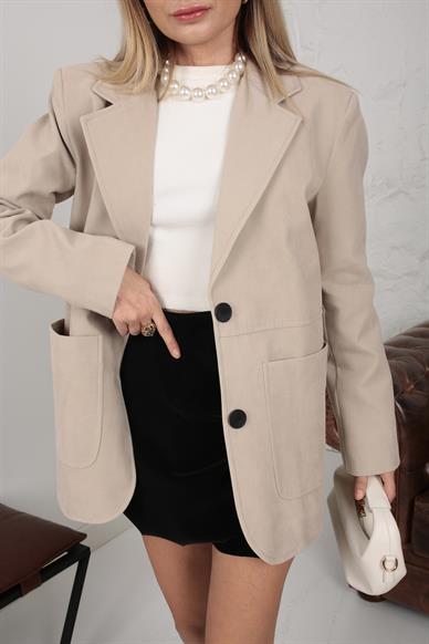 Büyük Cepli Bej Süet Blazer Ceket