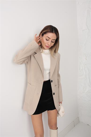 Büyük Cepli Bej Süet Blazer Ceket