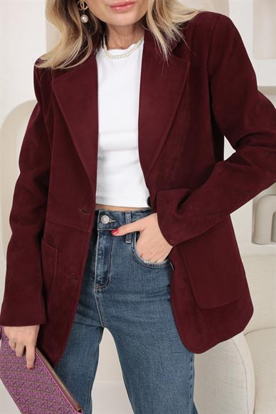Büyük Cepli Bordo Süet Blazer Ceket