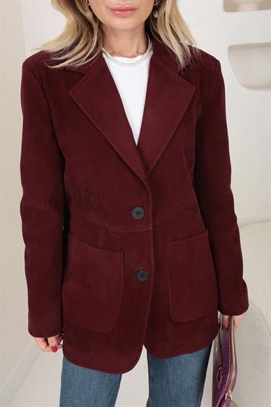 Büyük Cepli Bordo Süet Blazer Ceket