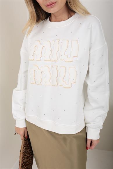 Büyük Nakışlı Taş Baskılı Ekru Sweatshirt