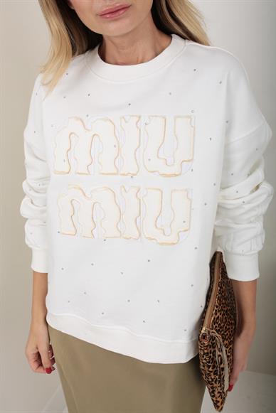 Büyük Nakışlı Taş Baskılı Ekru Sweatshirt