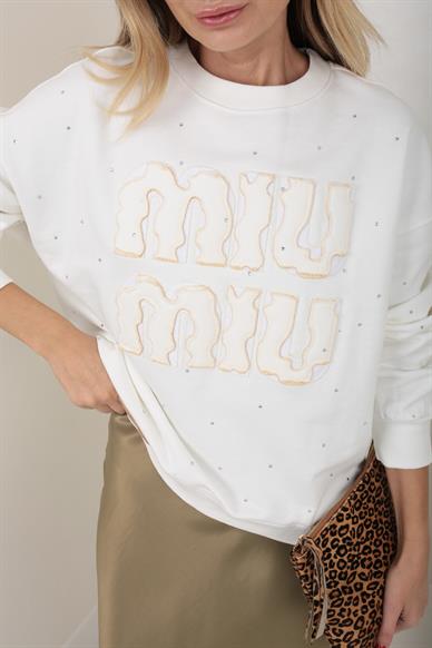 Büyük Nakışlı Taş Baskılı Ekru Sweatshirt