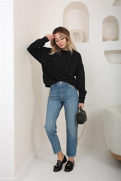 Büyük Nakışlı Taş Baskılı Siyah Sweatshirt