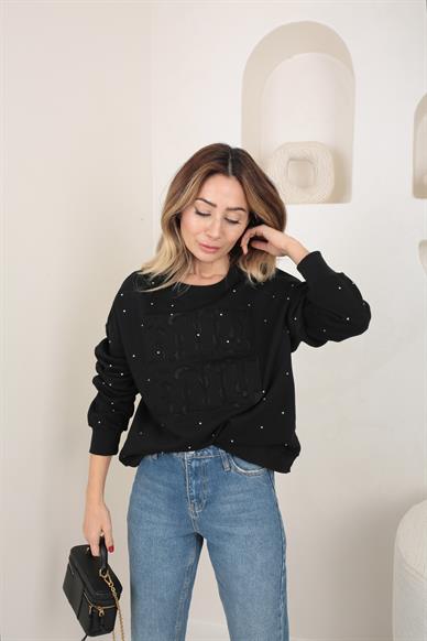 Büyük Nakışlı Taş Baskılı Siyah Sweatshirt