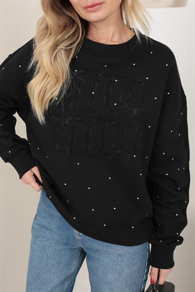 Büyük Nakışlı Taş Baskılı Siyah Sweatshirt