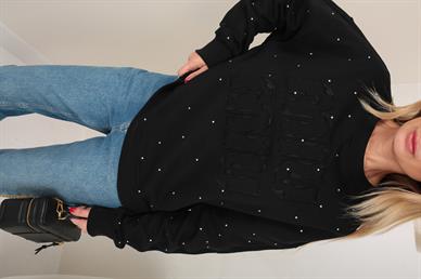 Büyük Nakışlı Taş Baskılı Siyah Sweatshirt