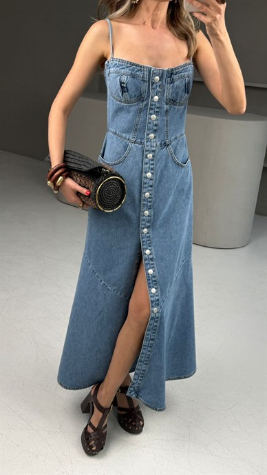 Buz Mavi Askılı Denim Elbise