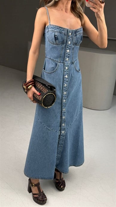 Buz Mavi Askılı Denim Elbise
