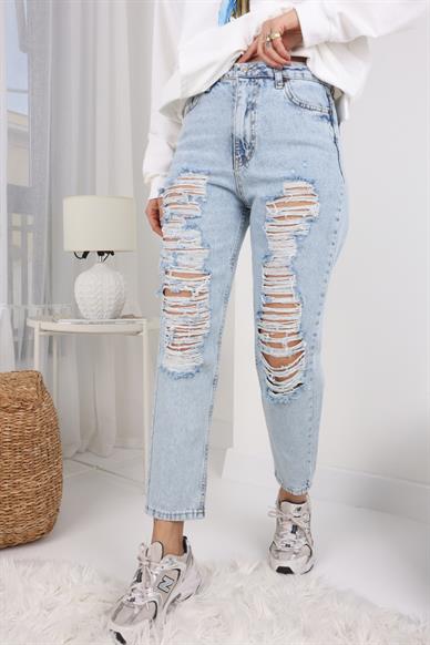Buz Mavi Bol Yırtıklı Likrasız Mom Jean
