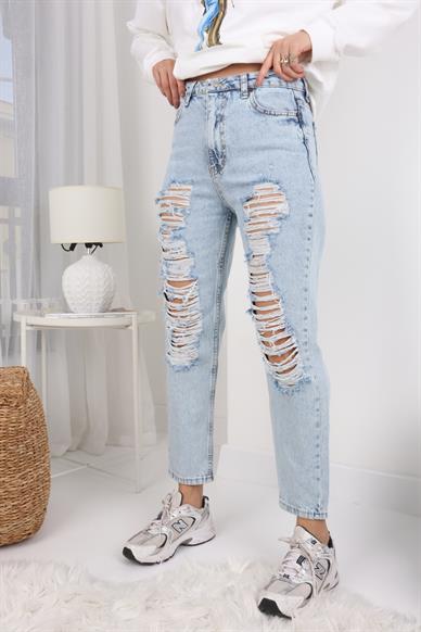 Buz Mavi Bol Yırtıklı Likrasız Mom Jean