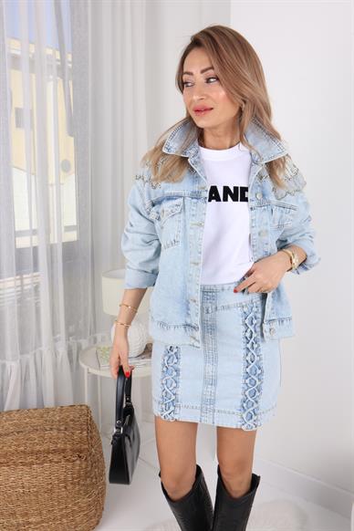 Buz Mavi İncili Kot Ceket