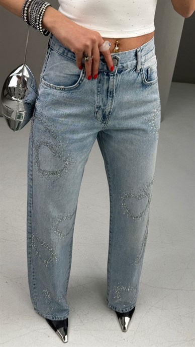 Buz Mavi Kalp Taşlı Straight Fit Jean(4983-4S6)