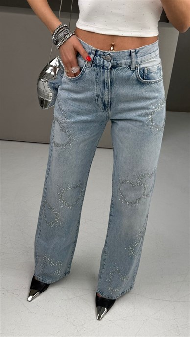 Buz Mavi Kalp Taşlı Straight Fit Jean(4983-4S6)