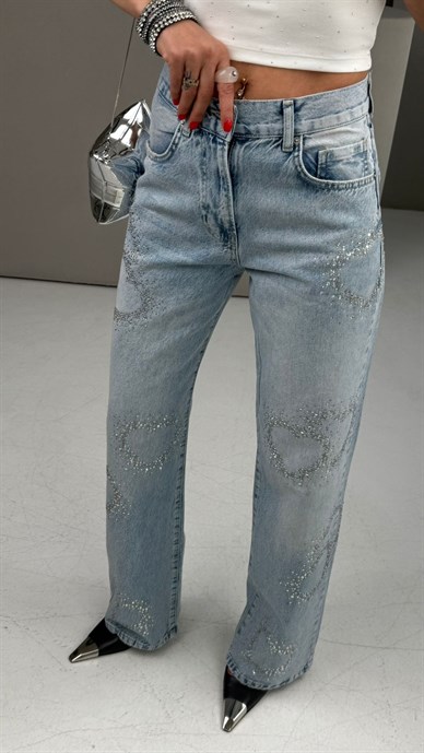 Buz Mavi Kalp Taşlı Straight Fit Jean(4983-4S6)