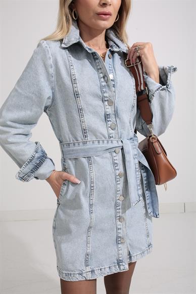 Buz Mavi Kemerli Denim Elbise