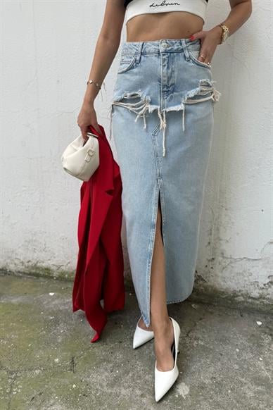 Buz Mavi Yırtıklı Midi Denim Etek