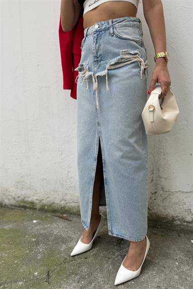 Buz Mavi Yırtıklı Midi Denim Etek