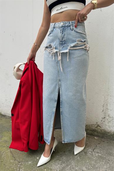 Buz Mavi Yırtıklı Midi Denim Etek