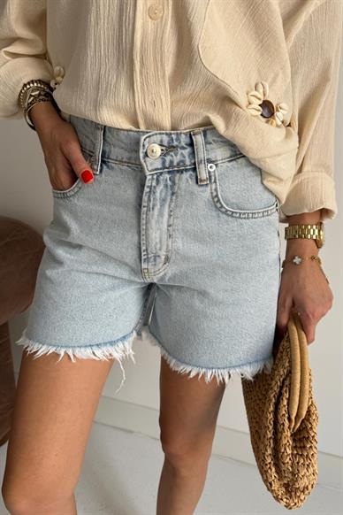Buz Mavi Yırtmaçlı Denim Şort
