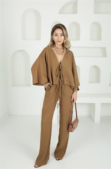 Camel Bağcıklı Kapri Kol Keten Takım