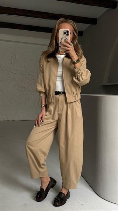 Camel Gabardin Bomber Ceket